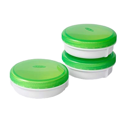 Set of three round airtight condiment containers with green lids for kitchen storage and food organization under $50 range