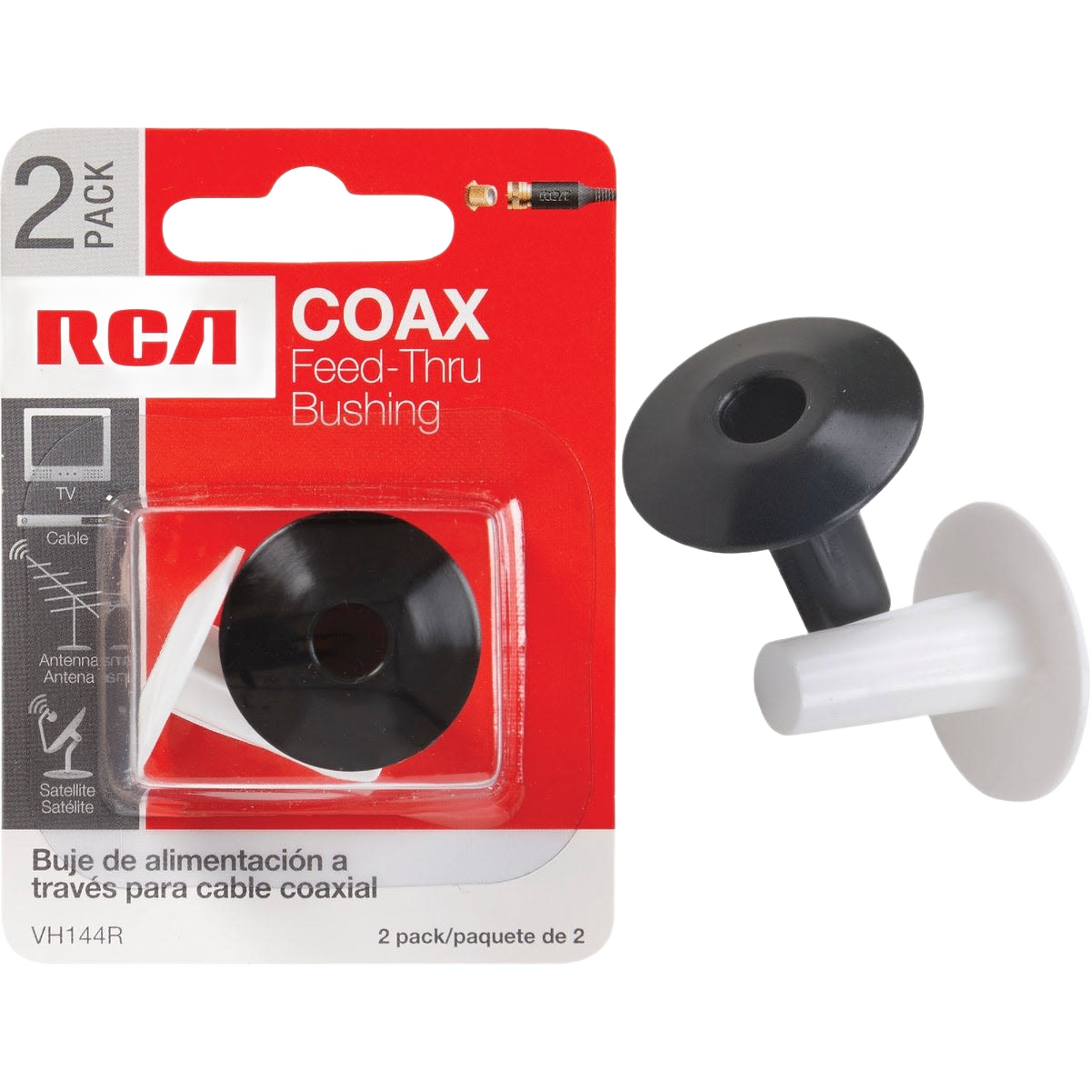 Black and white plastic feed-thru bushings for coaxial cable installation in home improvement projects