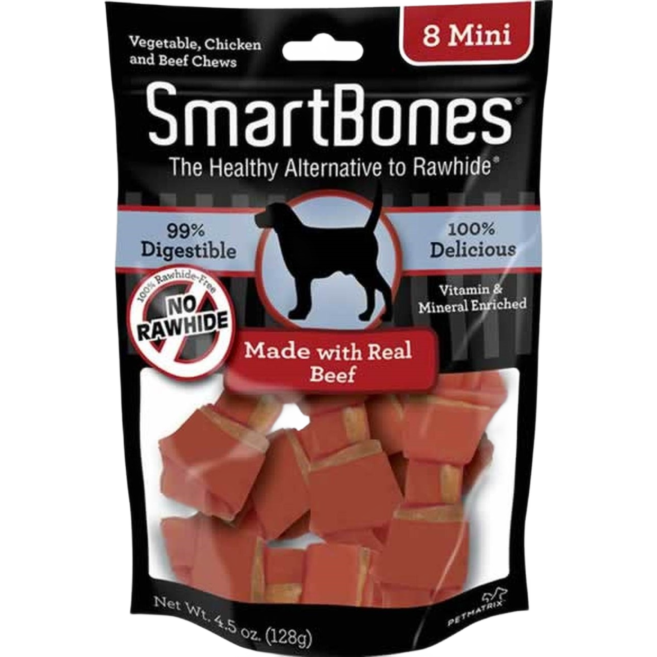 Package of SmartBones Mini beef dog chews, 8 count, made with real beef and enriched with vitamins and minerals