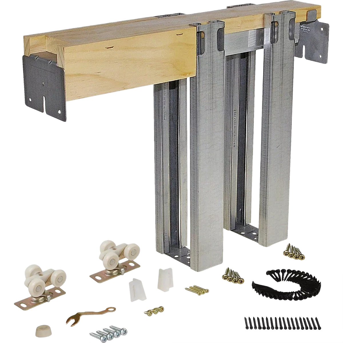 Heavy-duty pocket door frame kit with steel and wood components and hardware for door installation in home improvement collections