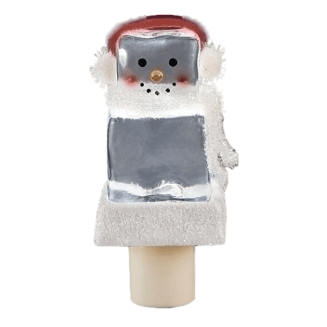 Snowman night light with ice cube design wearing red Santa hat and white earmuffs for Christmas lighting collections