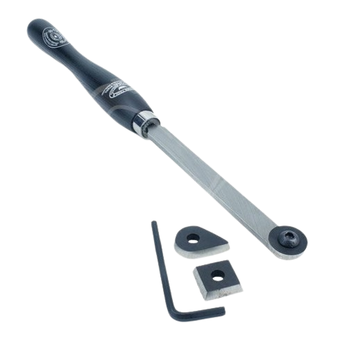 Woodworking scraper with black ergonomic handle, two interchangeable steel tips, and hex wrench for tool adjustments under $100 collection