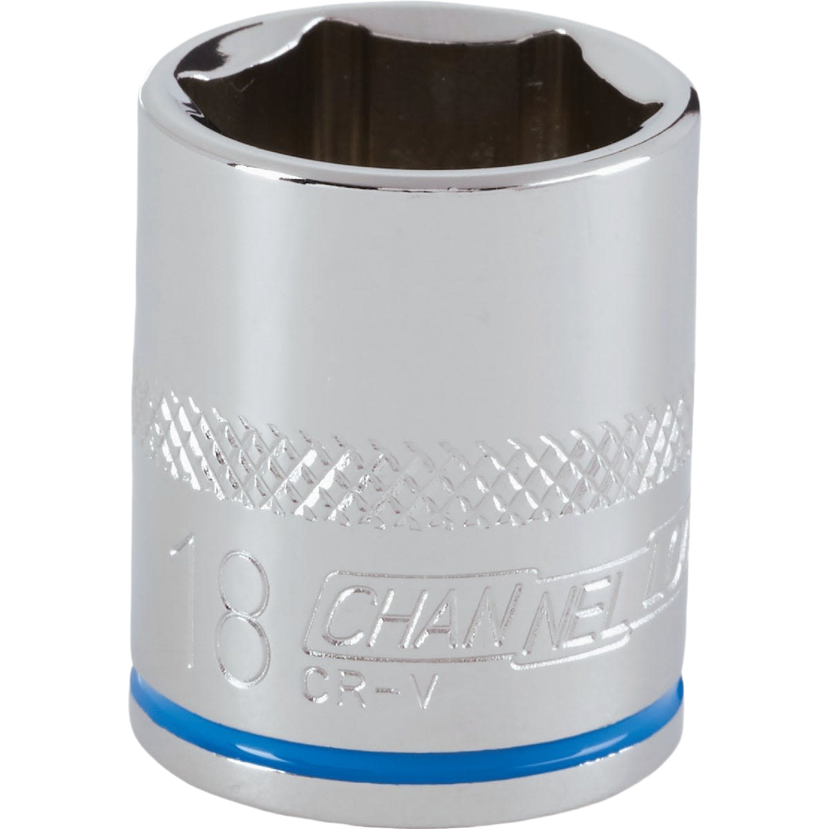Chrome finished 18mm shallow 6-point socket with textured grip and colored band for easy tool identification in hand tools collection