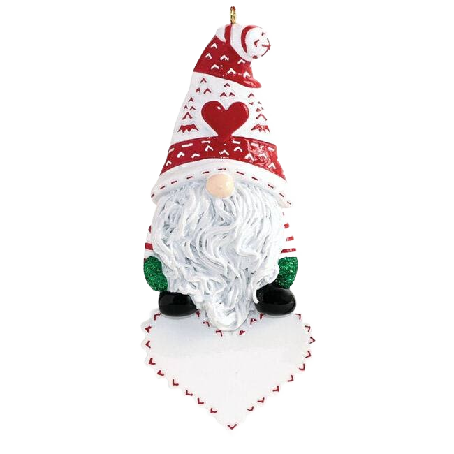 Holiday gnome ornament with red and white patterned hat, long white beard, and green mittens for Christmas tree decoration under $50