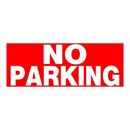 Red and white plastic no parking sign with bold lettering for traffic and parking control in home improvement projects