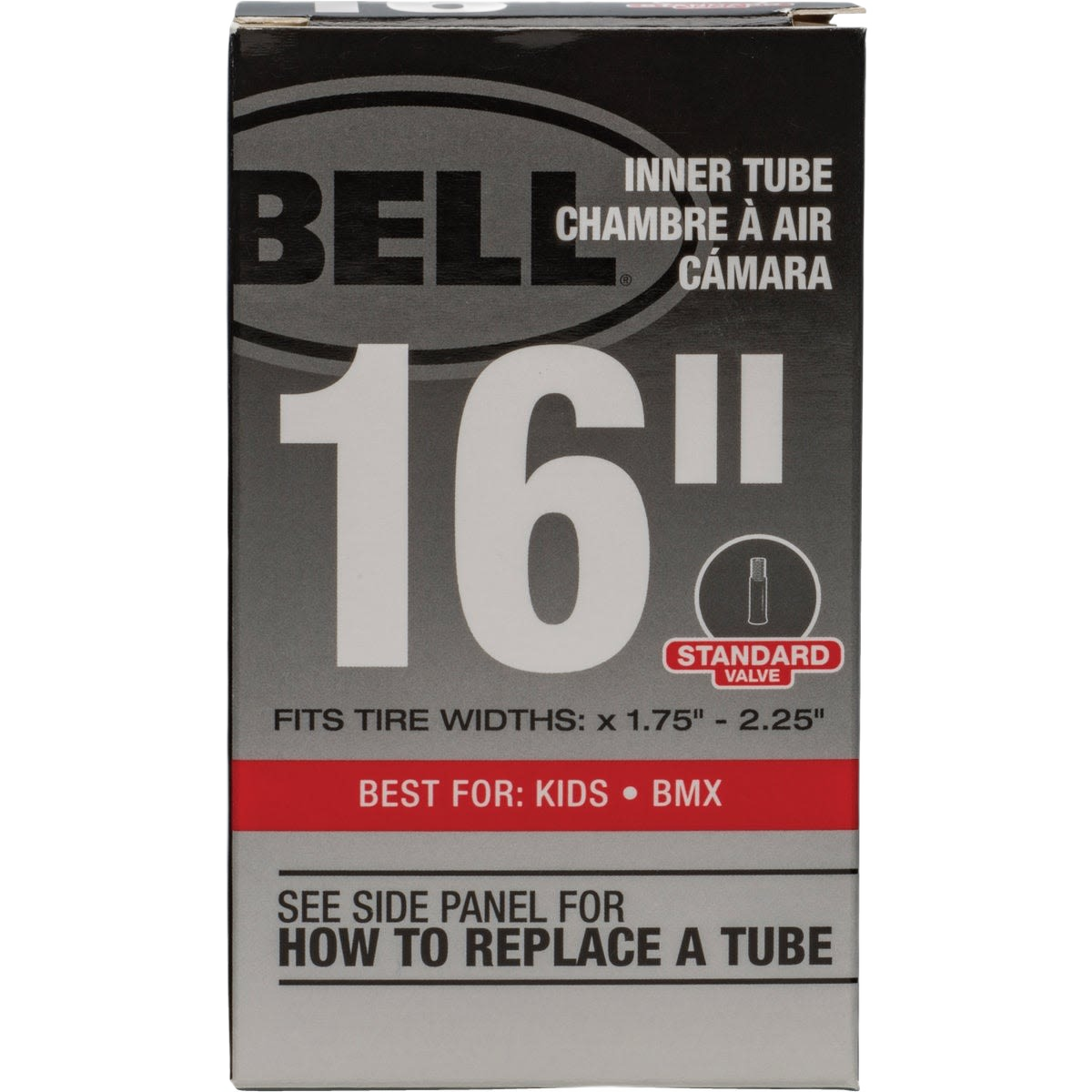 Box packaging for a 16-inch inner bicycle tube with standard valve, suitable for kids and BMX tire widths 1.75" to 2.25