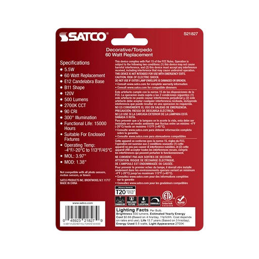 Packaging of Satco decorative 5.5 watt B11 clear LED bulbs with candelabra base for energy-saving home lighting.