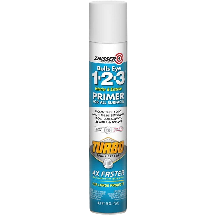 Tall aerosol spray primer can with blue, white, and yellow label featuring turbo spray system for home improvement projects