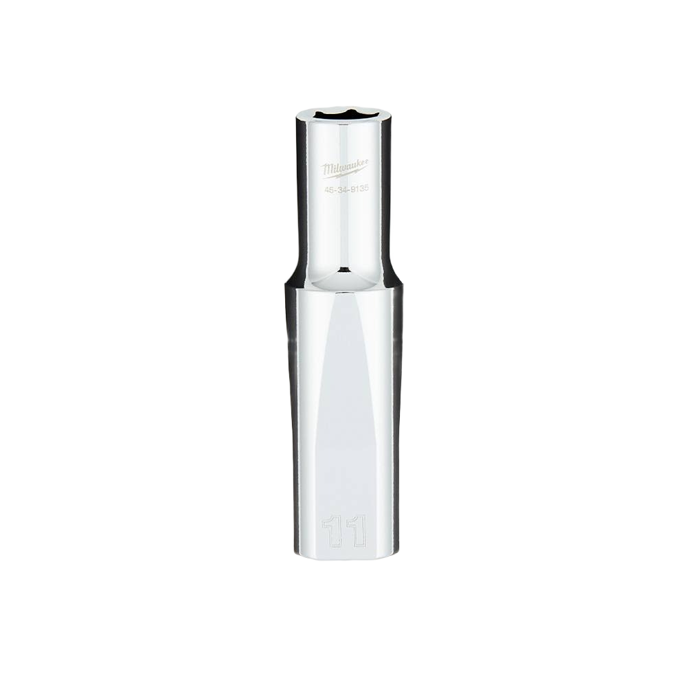 Chrome-finished 11mm deep socket with four flat sides for secure grip in tools and home improvement tasks