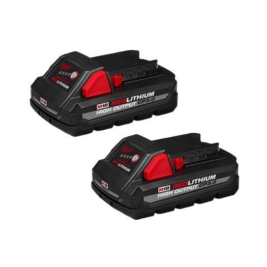 Two black and red high output lithium ion power tool batteries for portable power and tool accessories collection
