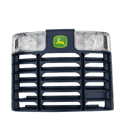 Black grille assembly with integrated headlights and green logo, designed for outdoor equipment and home improvement tasks