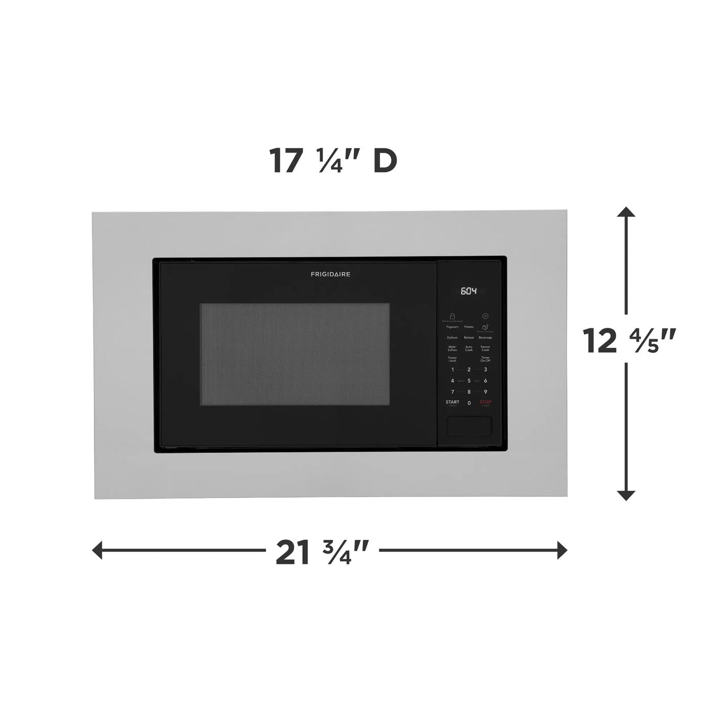 Built-in microwave with black control panel, digital display, and stainless steel trim in kitchen appliances collection.