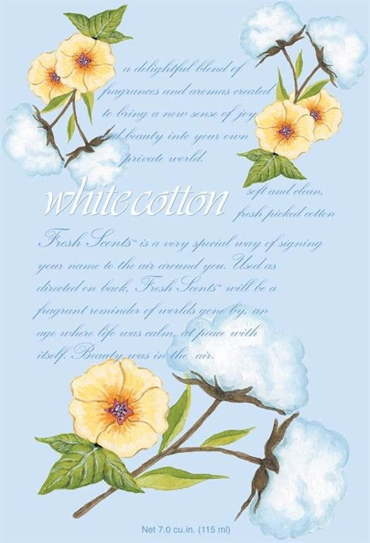 Decorative illustration of blooming cotton bolls and yellow flowers with elegant script on pale blue background