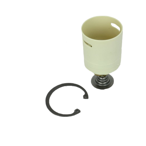 Cream-colored thermostat component with metal spring base and black retaining ring for automotive parts and tools