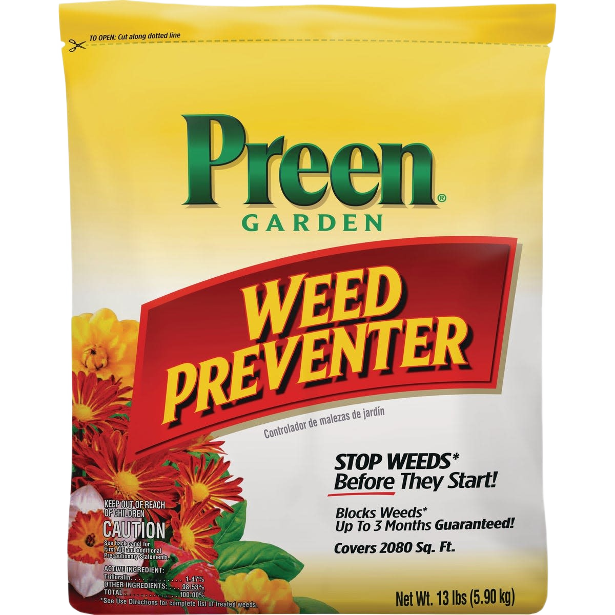 Yellow and red bag of Preen Garden Weed Preventer granules for lawn care in Lawn & Garden under $50 collection