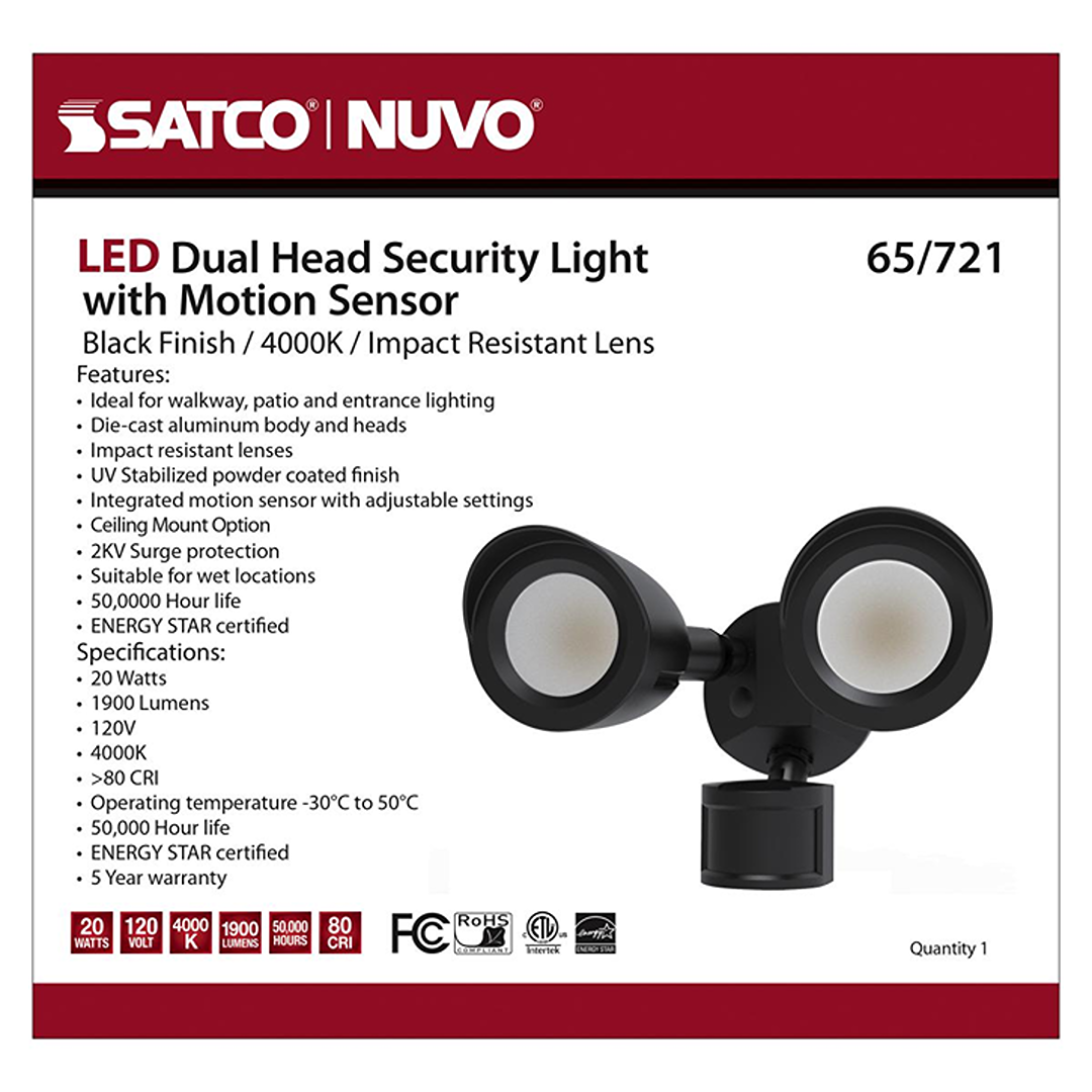 Black dual-head LED security light with motion sensor, impact resistant lenses, and adjustable settings for outdoor lighting
