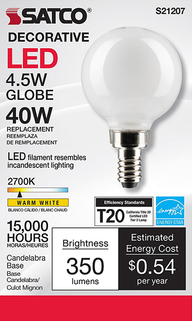 White decorative LED globe light bulb with candelabra base, warm 2700K color and energy-efficient design under $50 in Lighting & Ceiling Fans.