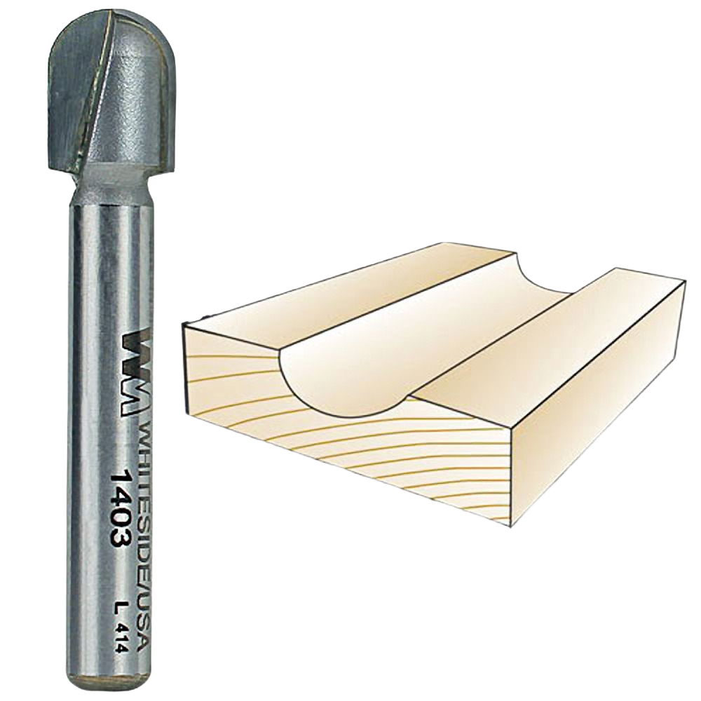 Carbide-tipped core box bit with round nose cutting edge for precise flutes and grooves in woodworking tools collection