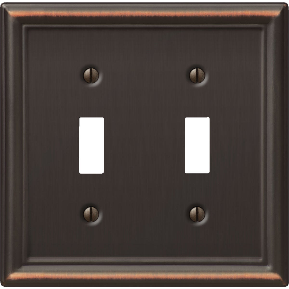 Stamped steel 2-gang toggle switch wall plate in aged bronze finish for home improvement projects and tools use