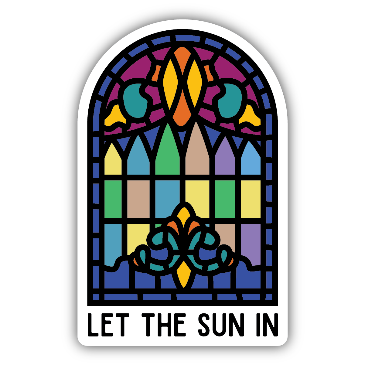 Colorful stained glass window sticker design with "Let the Sun In" text on white border background