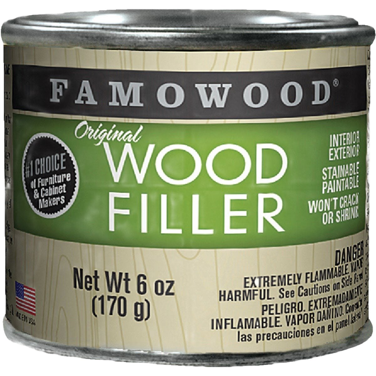 6 oz can of Famowood birch wood filler for interior and exterior wood repair and finishing projects