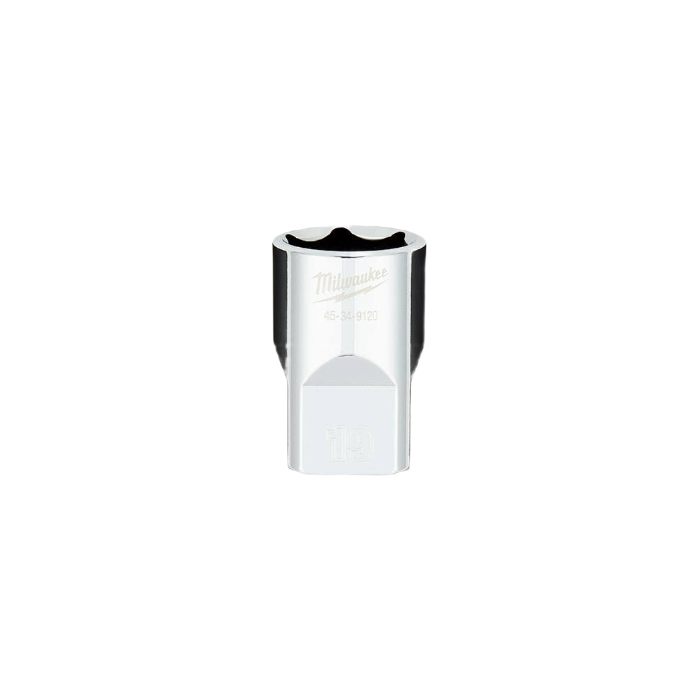 Chrome 19mm socket with 1/2" drive featuring FOUR FLAT™ sides for wrench-ready grip in hand and woodworking tools category