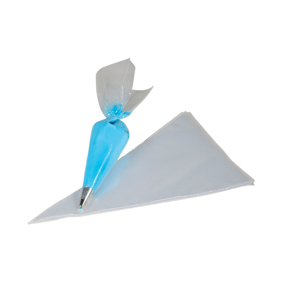 Clear disposable decorating bag filled with blue icing and attached metal piping tip for cake decorating