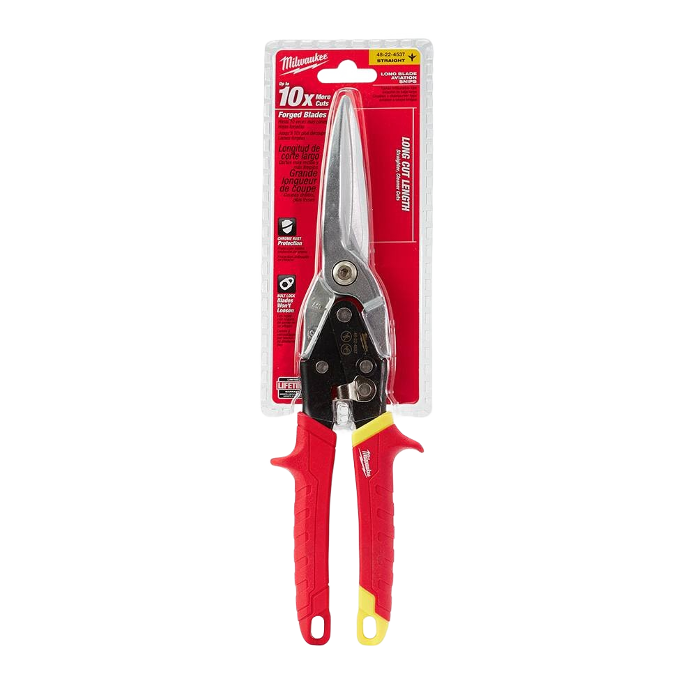 Long-cut aviation snips with forged blades and ergonomic red handles for precise cutting in woodworking and hand tool tasks