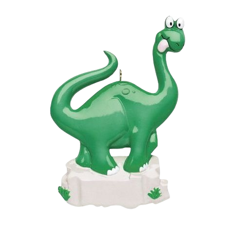 Playful green long-neck dinosaur ornament with wide eyes standing on decorative white base for Christmas tree decor under $50 collection