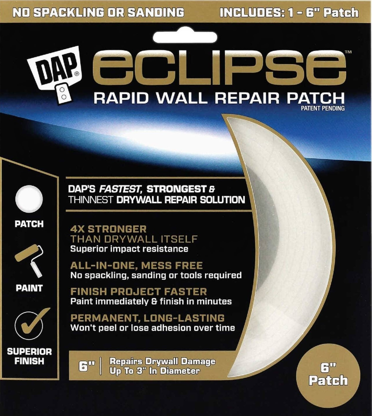 Packaging of DAP Eclipse rapid wall repair patch featuring a 6-inch drywall patch for home improvement use