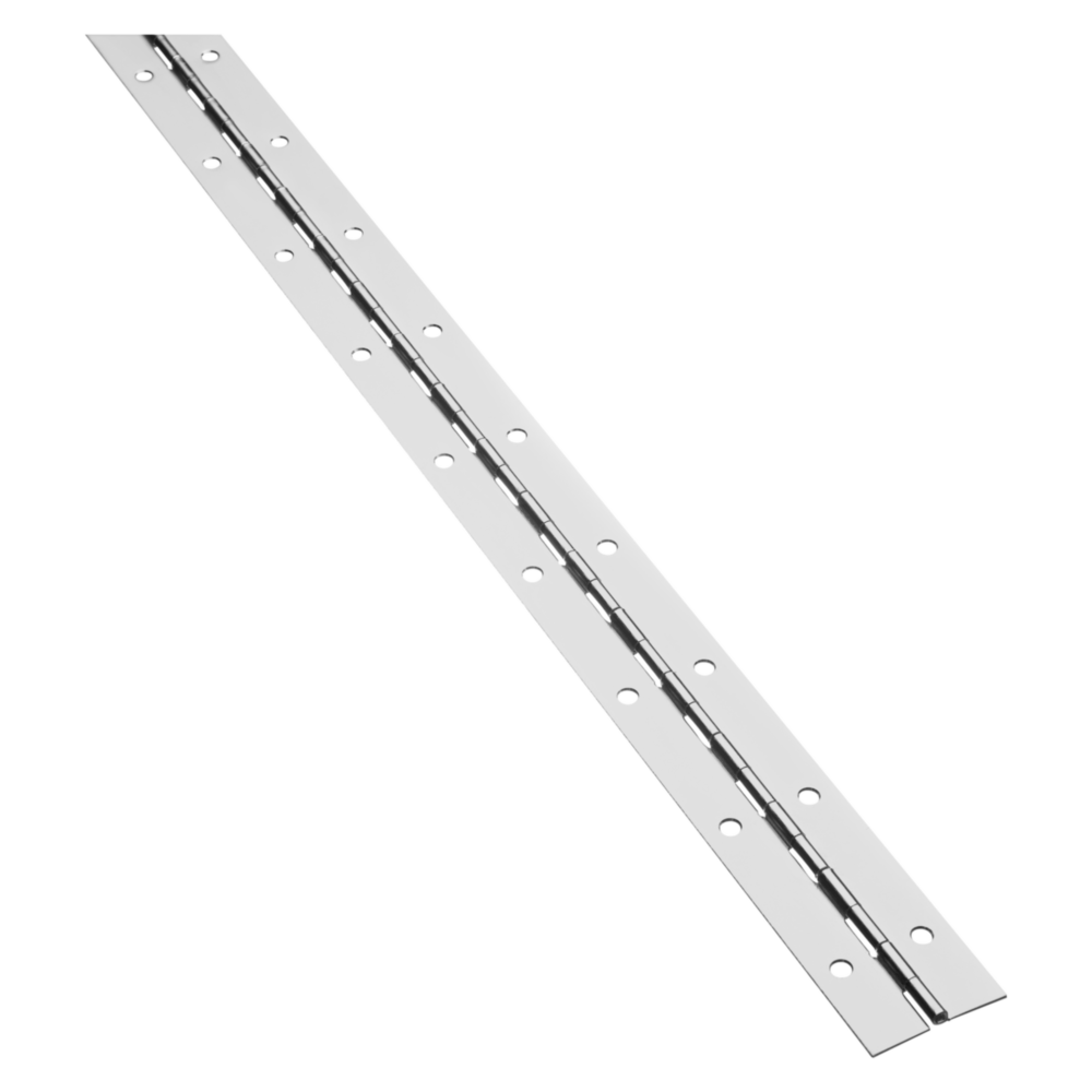 Nickel-finished steel continuous hinge with multiple screw holes for cabinets and furniture in hardware and hinges collections under $50