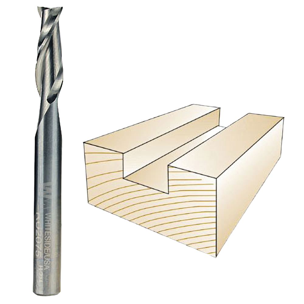 Spiral upcut router bit beside illustration of deep chip-clearing groove in wood for woodworking tools collections