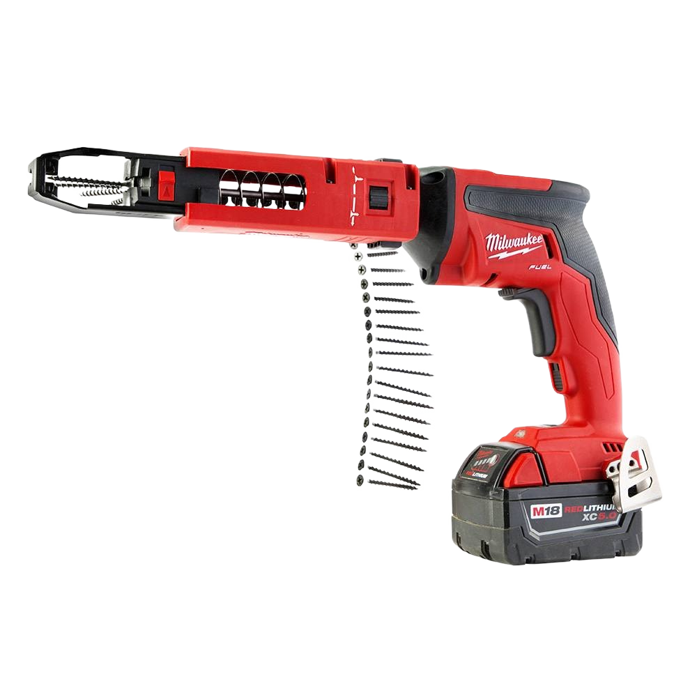 Cordless red and black drywall screw gun with collated magazine and lithium battery in power tool accessories under $100 collection