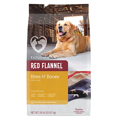 Bag of Exclusive Red Flannel Bites N' Bones dry dog food with golden retriever and patriotic flag design