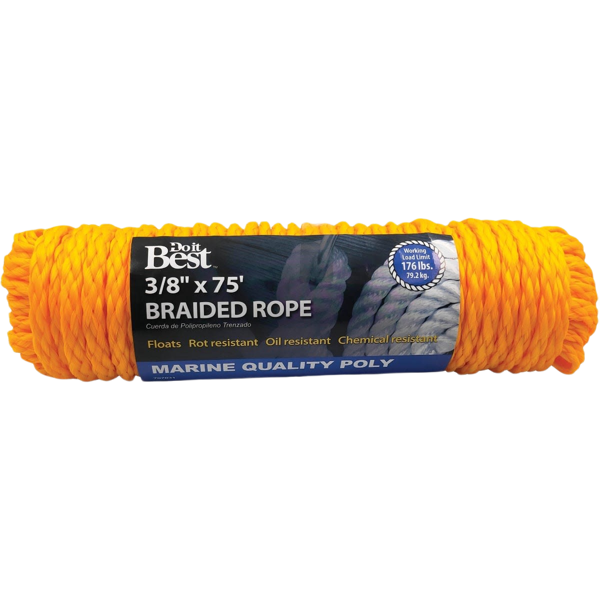 Yellow braided polypropylene rope, 3/8 inch by 75 feet, with marine quality and chemical resistance for home use