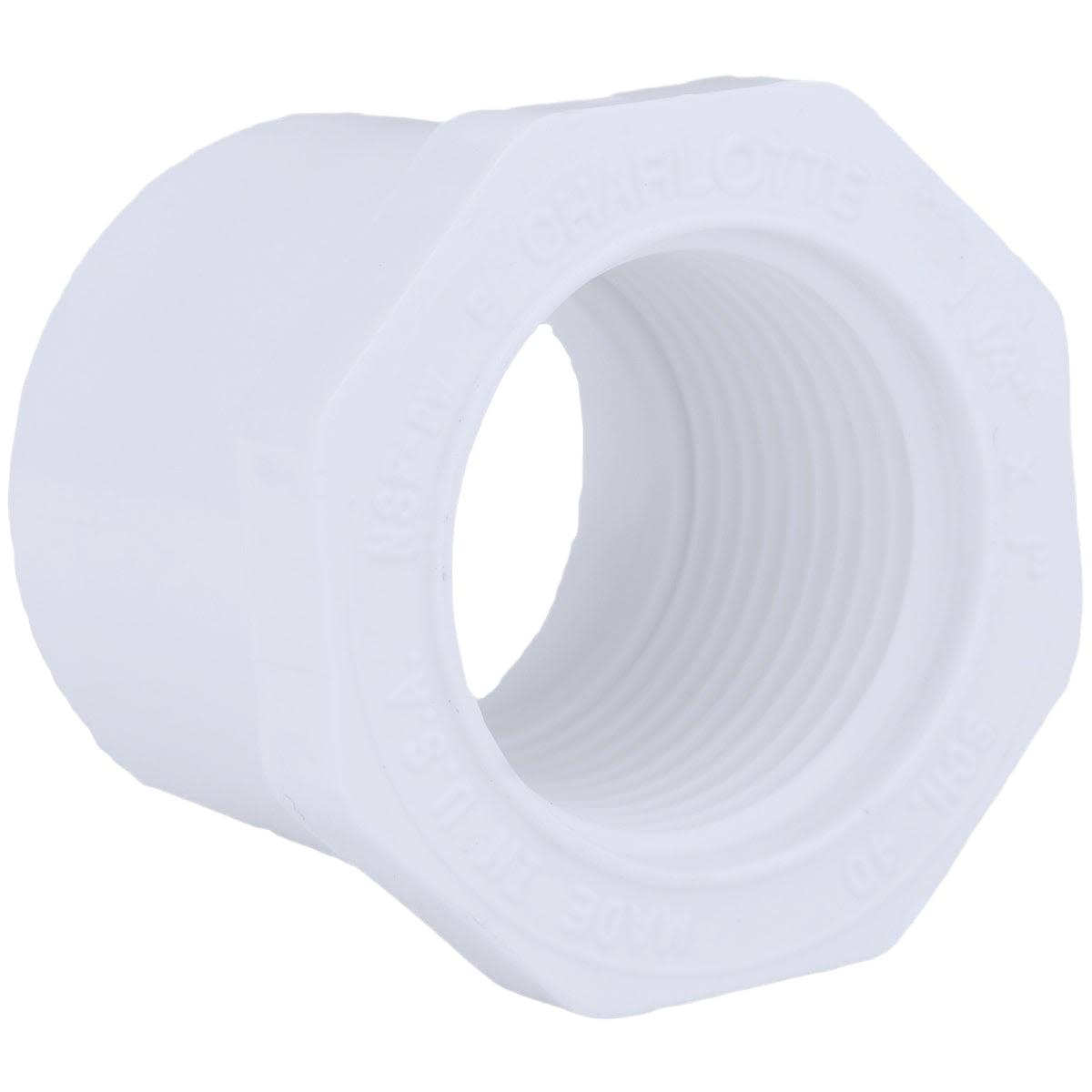 White PVC threaded bushing fitting for plumbing with 1-1/4 inch to 1 inch size transition under $50