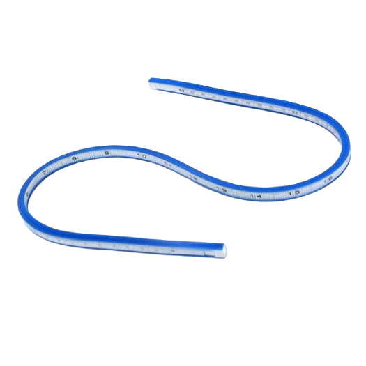 Flexible blue measuring curve tool with white measurement markings for precise home improvement and tool applications