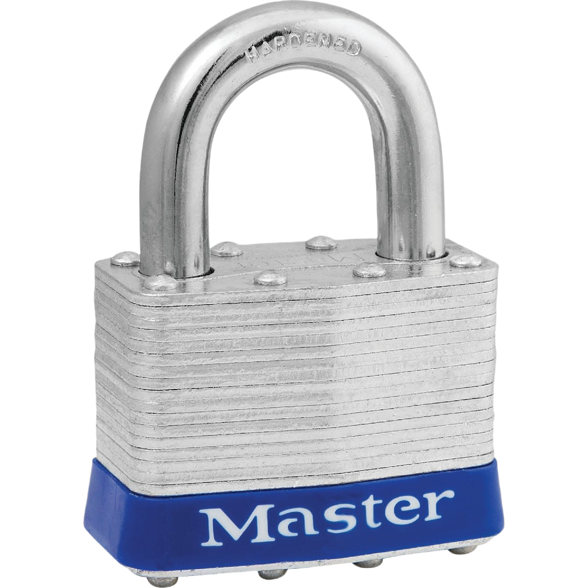 Laminated steel padlock with hardened shackle and blue base for hardware, fasteners, and home improvement use under $50
