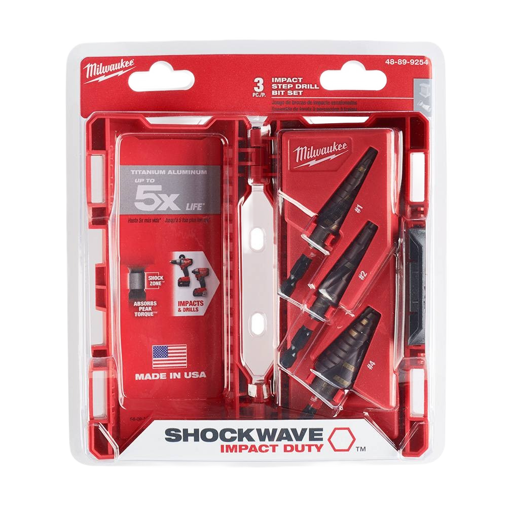 Milwaukee 3-piece step drill bit set with titanium aluminum design in red case for tool and power tool accessories collections