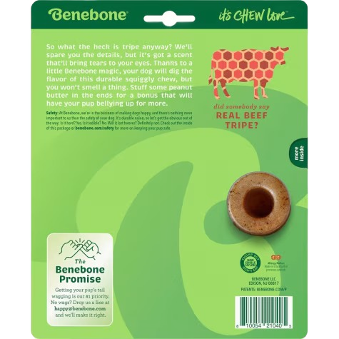Green packaging back of durable chew bone with beef tripe flavor for dogs in pet treats collection
