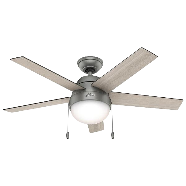 Matte silver ceiling fan with integrated light and five reversible wood-tone blades for indoor lighting and decor.