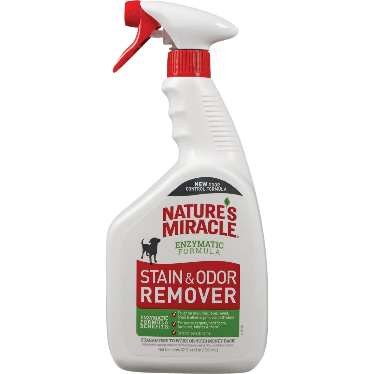 White spray bottle of Nature's Miracle enzymatic stain and odor remover with red and green label details