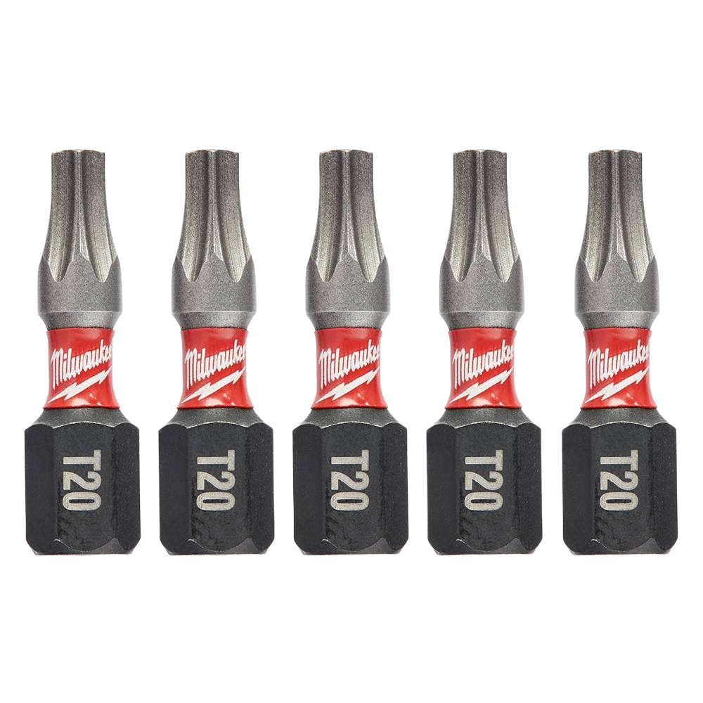 Five-pack of 1-inch T20 TORX impact driver bits with Wear Guard Tip for durable tool accessories and home improvement tasks