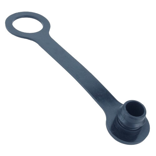 Black rubber dust cap with tether designed to protect hydraulic couplers in John Deere parts and lubricants collections