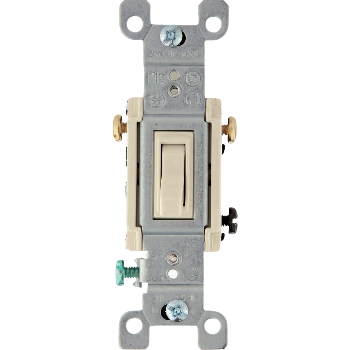 Almond-colored grounded toggle switch with metal frame for residential tools and home improvement use