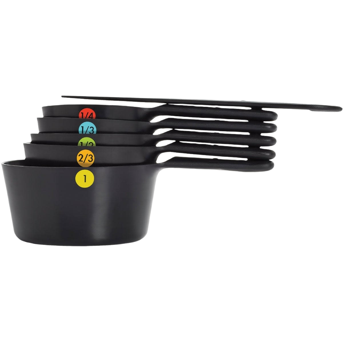 Set of five black plastic measuring cups with colorful fraction labels for precise cooking and baking measurements