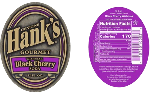 Oval-shaped Hanks Black Cherry Soda label with gold, purple, and black colors from the Food & Beverage collection.