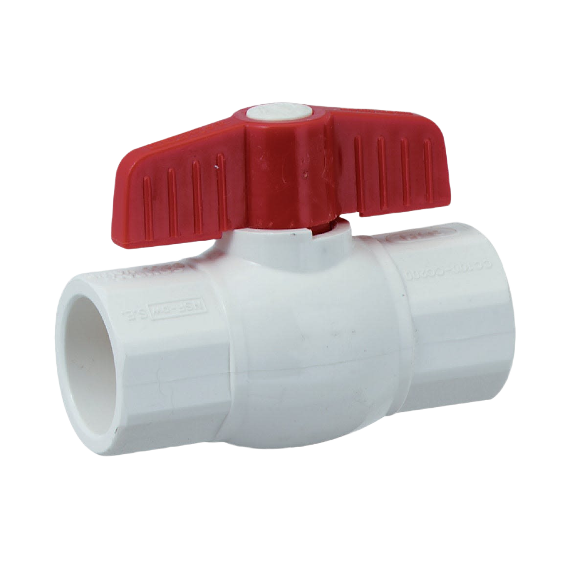 White PVC ball valve with red quarter turn handle designed for plumbing and home improvement projects