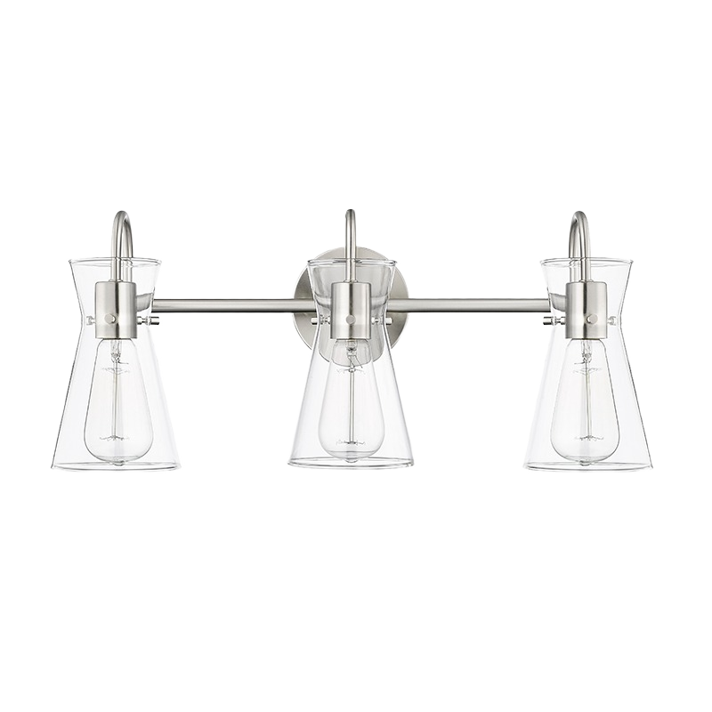 Three-light brushed nickel vanity fixture with clear conical glass shades for bathroom wall lighting.