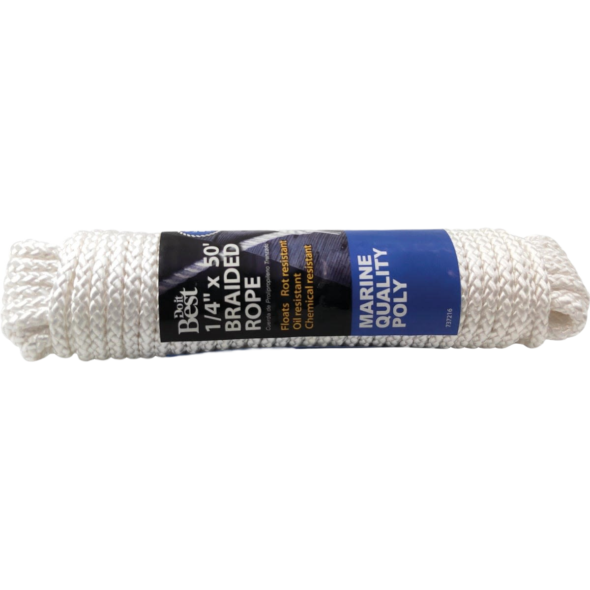 White braided polypropylene rope packaged for marine use in tools and home improvement applications